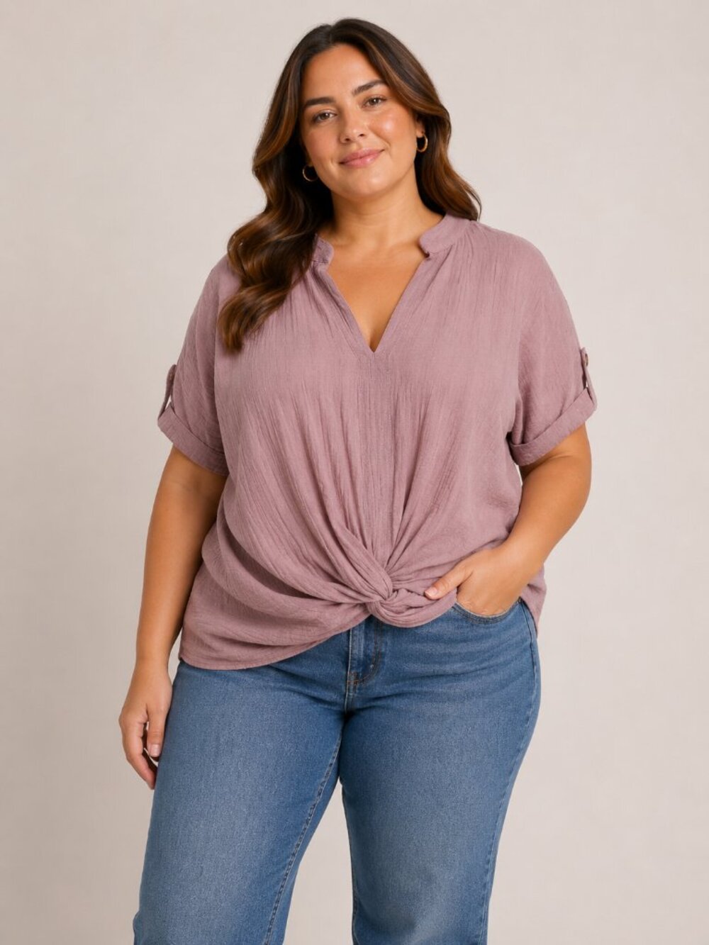 Lily White‎ Mauve Twist-Front V-Neck Blouse